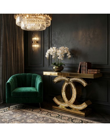 Consolle Oro Specchiata con Cristalli Swarovski Incastonati – Mobile Ingresso Moderno di Lusso F21876