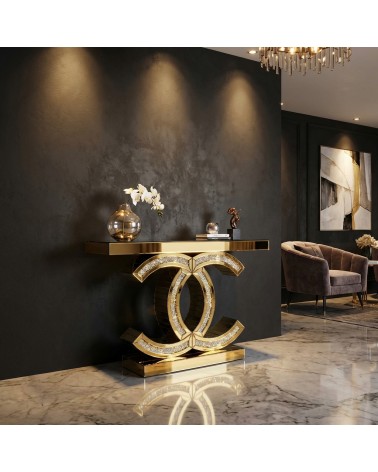 Consolle Oro Specchiata con Cristalli Swarovski Incastonati – Mobile Ingresso Moderno di Lusso F21876