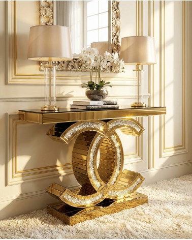 Consolle Oro Specchiata con Cristalli Swarovski Incastonati – Mobile Ingresso Moderno di Lusso F21876