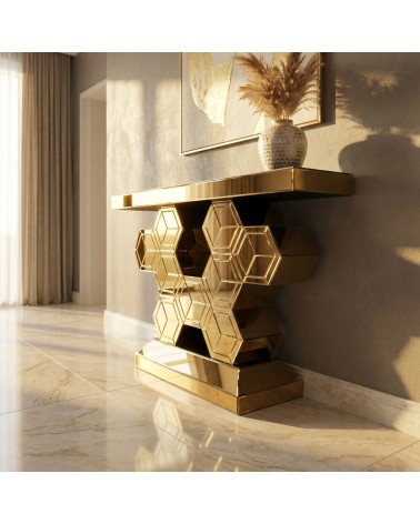 Modern Mirrored Console Table with Honeycomb Geometric Base for Entryway E58A