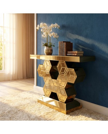 Modern Mirrored Console Table with Honeycomb Geometric Base for Entryway E58A