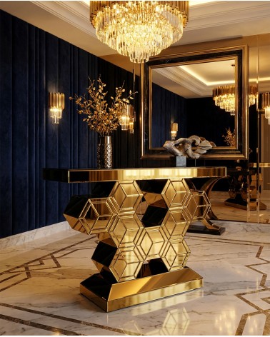 Modern Mirrored Console Table with Honeycomb Geometric Base for Entryway E58A