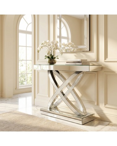 Silver Mirrored Console Table with Swarovski Crystals – Luxury Entryway Furniture CBFE034