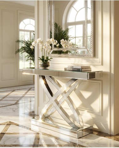 Consolle Specchiata Argento con Cristalli Swarovski – Mobile Ingresso di Lusso CBFE034