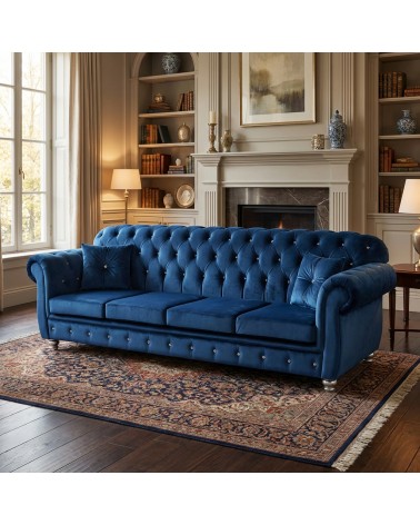 Chesterfield 4-Sitzer-Sofa, Capitonné Blau, Kunstleder oder Samt, Swarovski-Knöpfe, Bettgestell AZ04