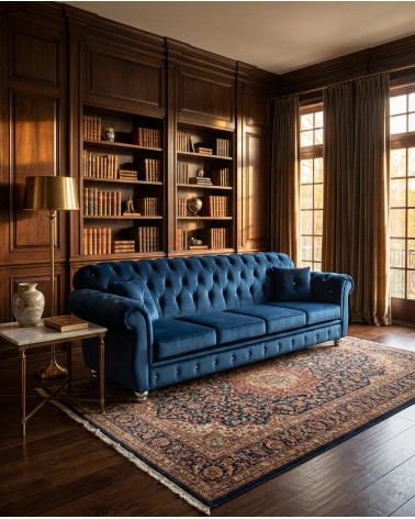 Chesterfield 4-Sitzer-Sofa, Capitonné Blau, Kunstleder oder Samt, Swarovski-Knöpfe, Bettgestell AZ04
