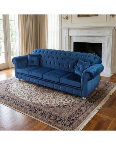 Chesterfield 4-Sitzer-Sofa, Capitonné Blau, Kunstleder oder Samt, Swarovski-Knöpfe, Bettgestell AZ04