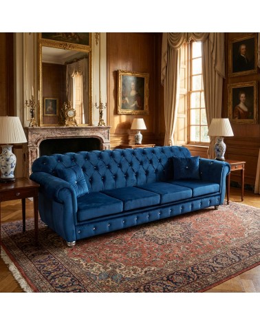 Chesterfield 4-Sitzer-Sofa, Capitonné Blau, Kunstleder oder Samt, Swarovski-Knöpfe, Bettgestell AZ04