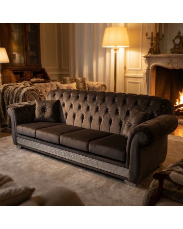 Chesterfield 4-Sitzer-Sofa, Capitonné-brauner Samtbezug, Bettgestell mit Swarovski-Knöpfen AZ04