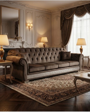 Chesterfield 4-Sitzer-Sofa, Capitonné-brauner Samtbezug, Bettgestell mit Swarovski-Knöpfen AZ04
