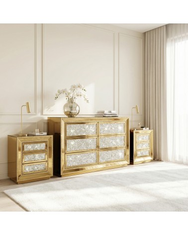 Comò e Comodini Moderni Specchiati oro con Cristalli Swarovski – Set 3 Pezzi di Lusso CBFD16FMB