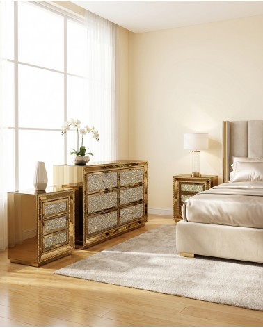 Comò e Comodini Moderni Specchiati oro con Cristalli Swarovski – Set 3 Pezzi di Lusso CBFD16FMB