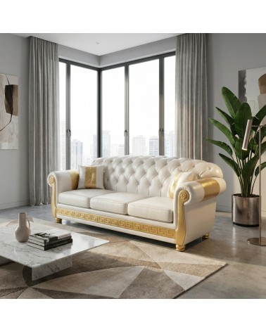 Chesterfield-Schlafsofa, 3-Sitzer, Perlweiß, Gold Capitonné, Kunstleder oder Samt AZ03