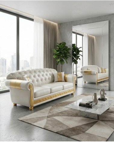 Chesterfield-Schlafsofa, 3-Sitzer, Perlweiß, Gold Capitonné, Kunstleder oder Samt AZ03