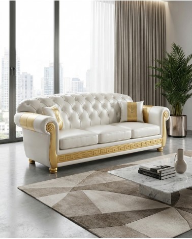 Chesterfield-Schlafsofa, 3-Sitzer, Perlweiß, Gold Capitonné, Kunstleder oder Samt AZ03