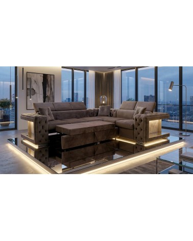 Modernes Ecksofa mit LED-Beleuchtung und Spiegeln, ausziehbarem Bett oder 140x190 cm Basis, AZ57