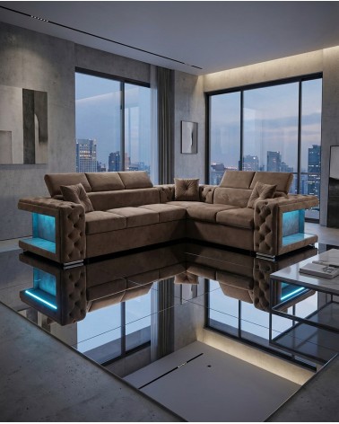 Modernes Ecksofa mit LED-Beleuchtung und Spiegeln, ausziehbarem Bett oder 140x190 cm Basis, AZ57