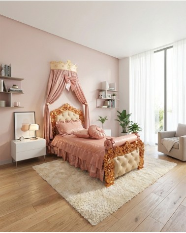 Letto Singolo Barocco Pilissena con Contenitore 90x190 Pilissena Foglia Oro Personalizzabile