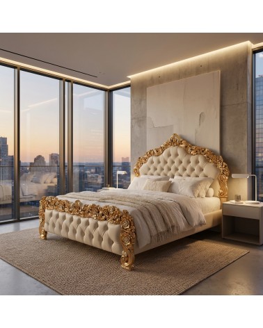 Letto Matrimoniale Barocco Pilissena con Contenitore Legno Foglia Oro Ecopelle Qualsiasi Colore