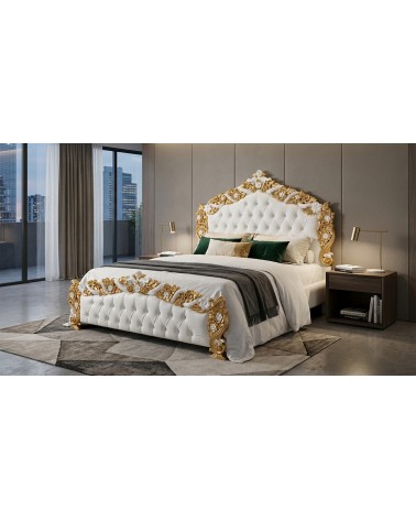 PILISSENA Barock-Doppelbett mit geschnitztem Holzkorpus und weißem Kunstlederbezug, individuell anpassbar