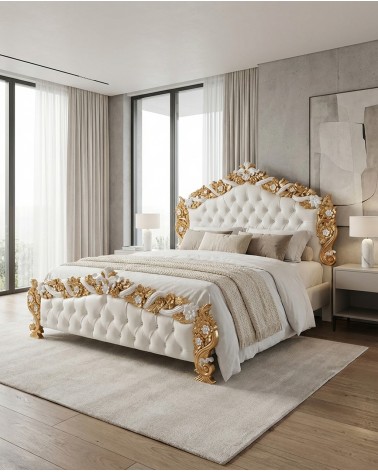 PILISSENA Barock-Doppelbett mit geschnitztem Holzkorpus und weißem Kunstlederbezug, individuell anpassbar