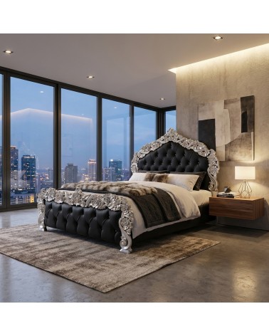 PILISSENA Baroque Double Bed with Storage in Faux Leather, Black and Silver Wood