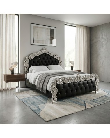 PILISSENA Barock-Doppelbett mit Stauraum in Kunstleder, Schwarz und Silber Holz
