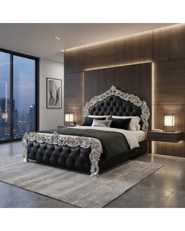 Kingsize-Doppelbett mit Staufach, Öko-Leder oder Samt, Barockholz, Gold und Silber, jede Farbe, PILISSENA