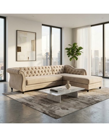 Corner Capitonné Sofa with Chaise Longue, Customizable Velvet or Faux Leather Sofa Bed AZ65B