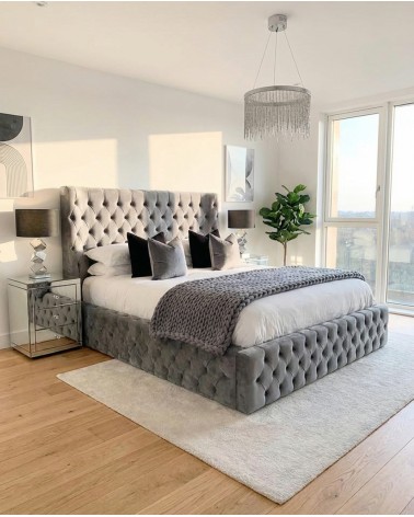 King size double bed with storage, modern velvet or eco-leather, any color, Grey