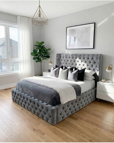 King size double bed with storage, modern velvet or eco-leather, any color, Grey