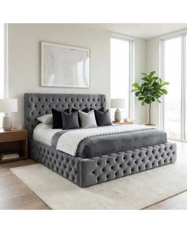 Kingsize-Doppelbett mit Stauraum, moderner Samt- oder Kunstlederbezug, jede Farbe, Grau