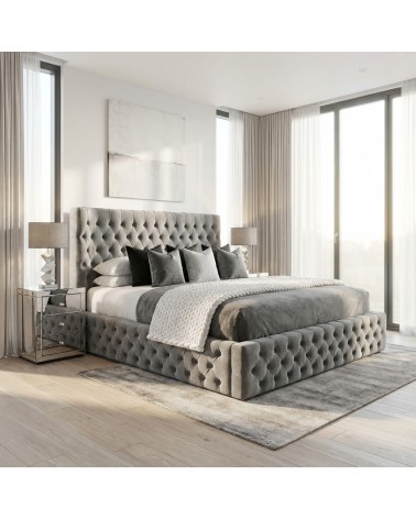 Modernes graues Doppelbett (160 x 190 cm) mit Stauraum aus Capitonné-Samt oder Kunstleder