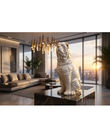 Keramische Tierskulptur, Hundestatue, perlweiß und goldfarben mit Swarovski-Kristallen, Mastiff, H 90 cm, PR51