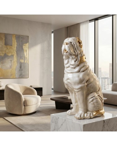 Keramische Tierskulptur, Hundestatue, perlweiß und goldfarben mit Swarovski-Kristallen, Mastiff, H 90 cm, PR51