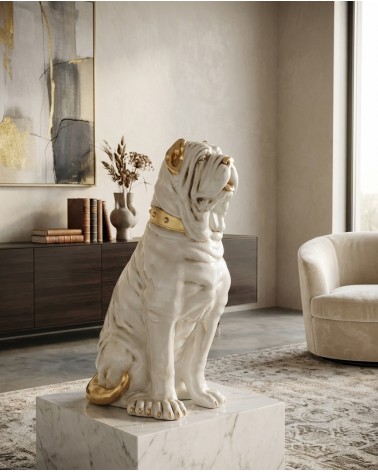 Keramische Tierskulptur, Hundestatue, perlweiß und goldfarben mit Swarovski-Kristallen, Mastiff, H 90 cm, PR51