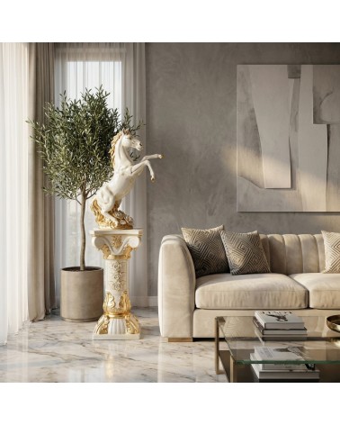 Statua scultura in ceramica cavallo rampante su colonna avorio e oro H158 PR67