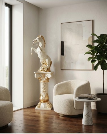 Statua scultura in ceramica cavallo rampante su colonna avorio e oro H158 PR67