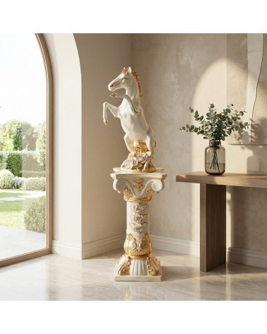Ceramic sculpture statue of a prancing horse on an ivory and gold column H158 PR67