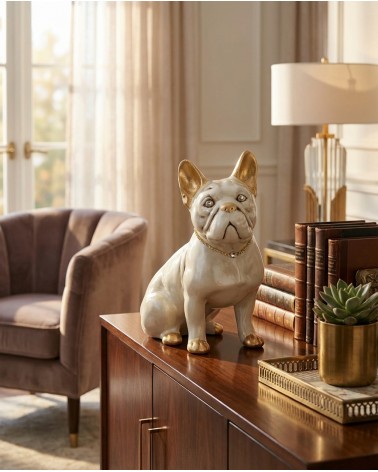 Statua scultura cucciolo cane bulldog francese dog bianco con particolari in oro swarovski H30 PR09
