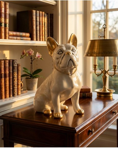 Statue sculpture puppy dog French bulldog white with gold details swarovski H30 PR09