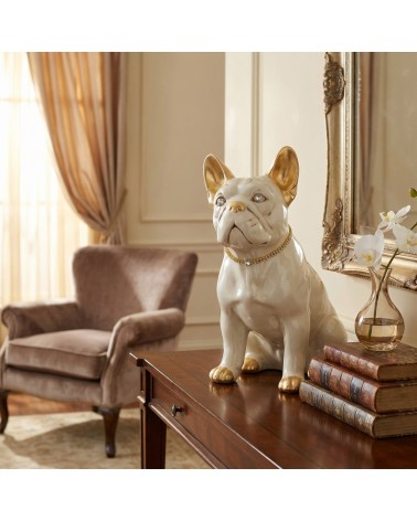 Statue sculpture puppy dog French bulldog white with gold details swarovski H30 PR09