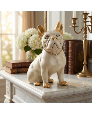Statua scultura cucciolo cane bulldog francese dog bianco con particolari in oro swarovski H30 PR09