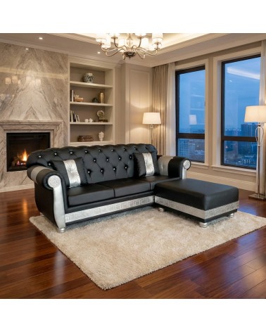 3 seater peninsula sofa with bed base and mattress, modern Chesterfield, Medusa Goddess, eco-leather, any color, Swarovski AZ05