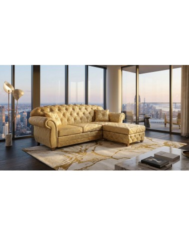 3 seater sofa with peninsula, net and mattress, modern Chesterfield, damask fabric in any colour, gold, Swarovski AZ05
