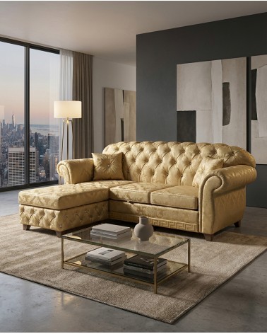 3 seater sofa with peninsula, net and mattress, modern Chesterfield, damask fabric in any colour, gold, Swarovski AZ05