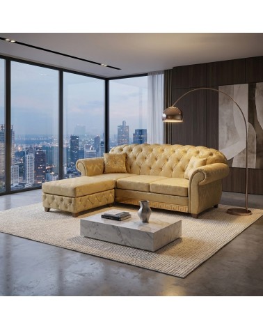 3 seater sofa with peninsula, net and mattress, modern Chesterfield, damask fabric in any colour, gold, Swarovski AZ05