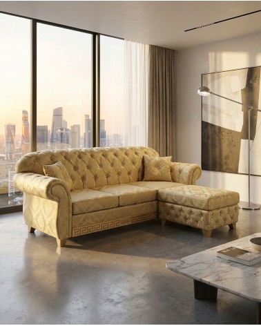 3 seater sofa with peninsula, net and mattress, modern Chesterfield, damask fabric in any colour, gold, Swarovski AZ05