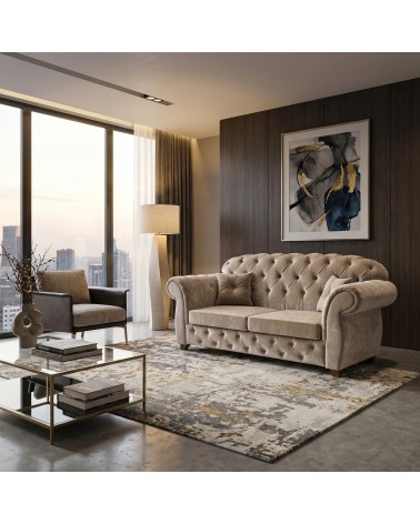 Chesterfield 2-Seater Sofa Bed in Capitonné Faux Leather or Fabric, Customizable AZ02