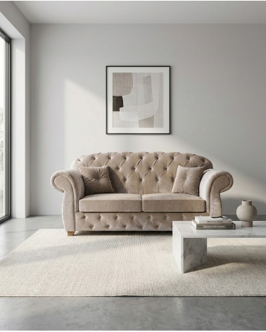 Chesterfield 2-Seater Sofa Bed in Capitonné Faux Leather or Fabric, Customizable AZ02